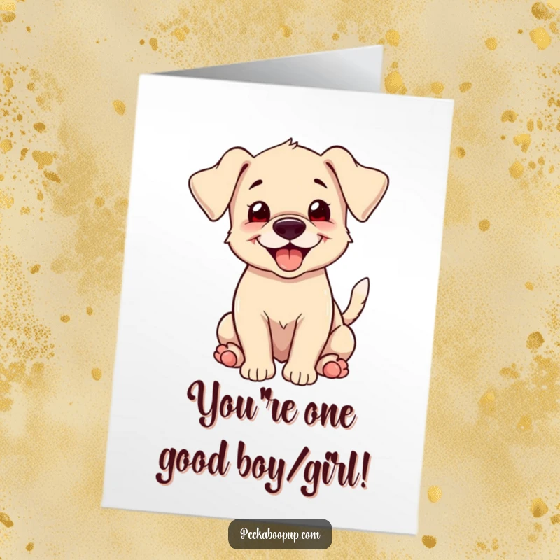 Funny Free Printable Congratulations Card: A cute puppy with floppy ears and a happy grin wags its tail, celebrating achievement.