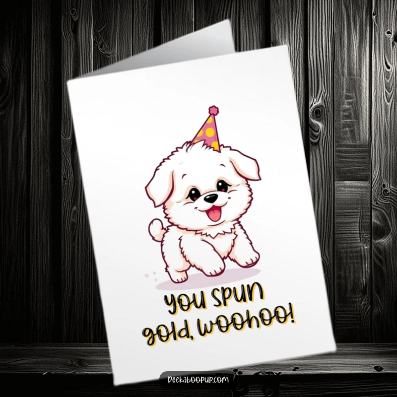 Funny Free Printable Congratulations Card: A fluffy puppy in a party hat, dizzy from chasing its tail, celebrating good news.