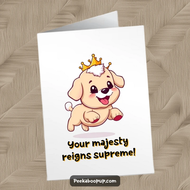 Funny Free Printable Congrats Card: A crowned puppy celebrating success by hilariously chasing its own tail.