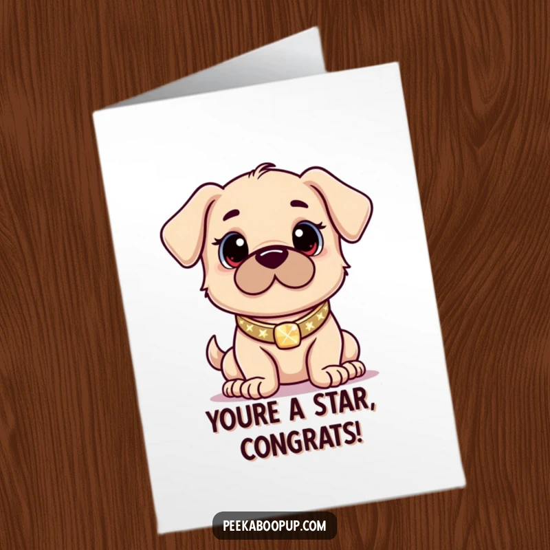 Funny Free Printable Congratulations Card: A proud puppy with a dazzling collar poses with confidence.