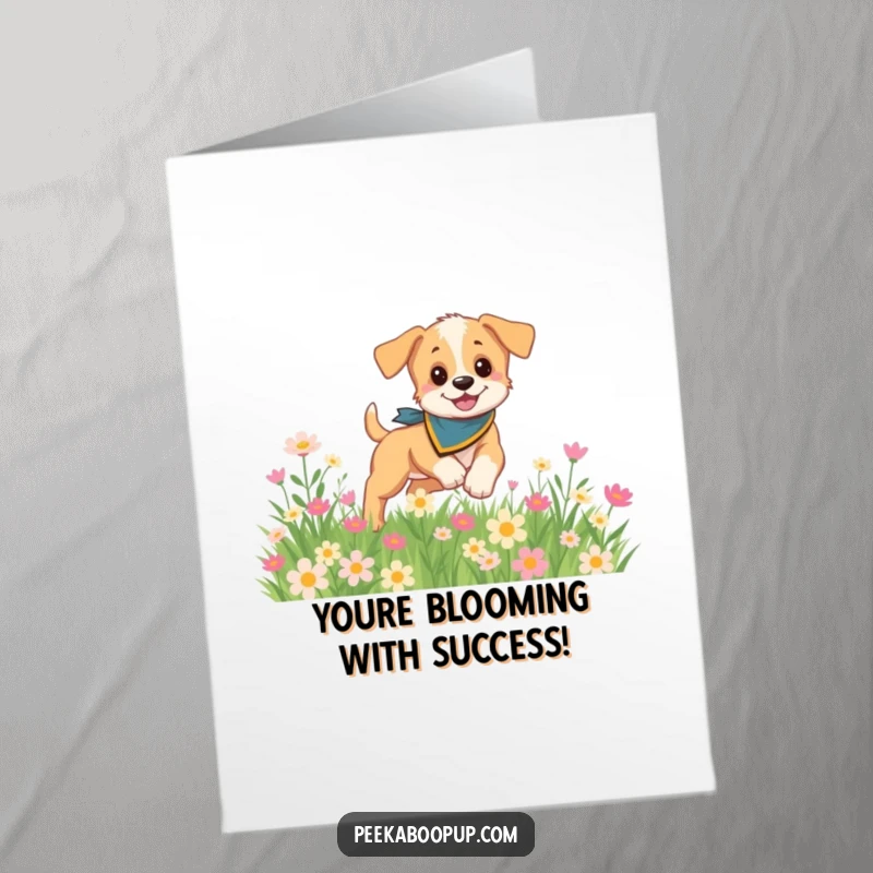 Funny Free Printable Congratulations Card: A playful puppy in a bandana frolics in a flower field to celebrate achievements.
