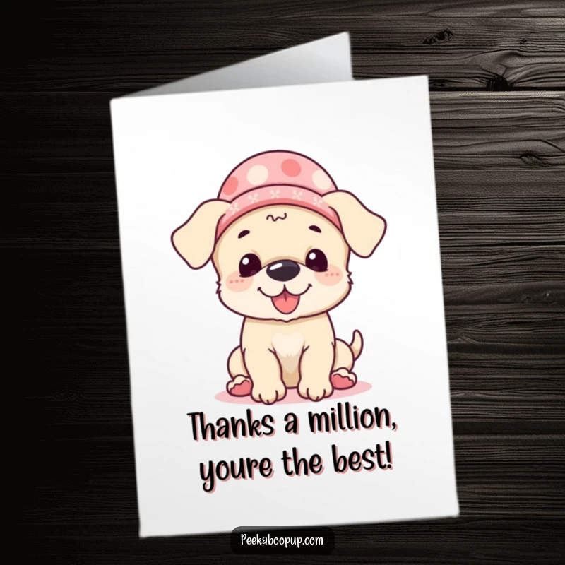 Funny Free Printable Thank You Card: A playful puppy in a hat peeks out, sending giggles and thanks.