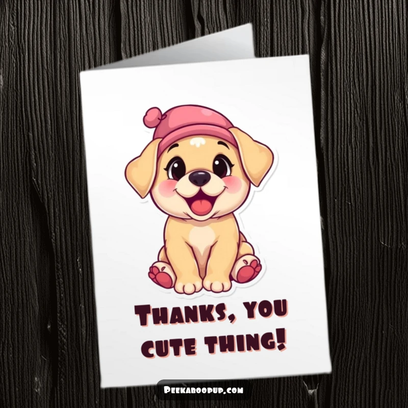 Funny Free Printable Thank You Card of a happy puppy giggling, its tiny hat perched adorably askew.