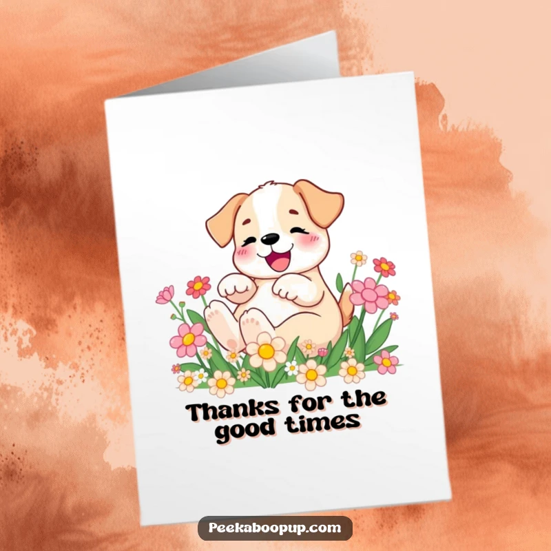 Funny Free Printable Thank You Card: A joyful puppy rolls through cartoon flowers, sending a happy thank you.