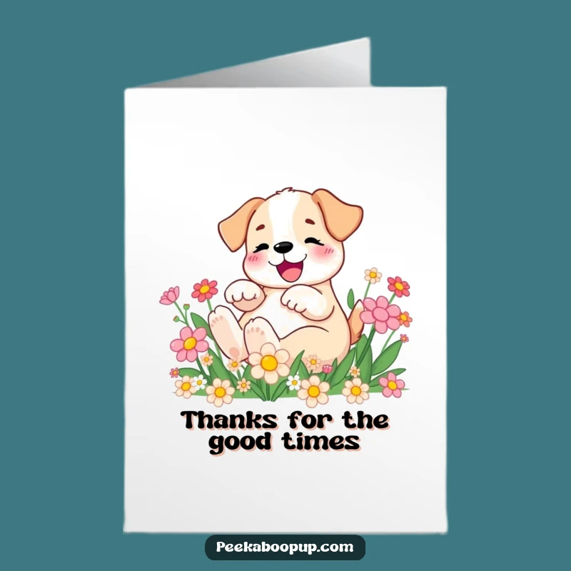Free Printable Thank You Card: Happy Puppy in Flowers, Sweet Downloadable Gift