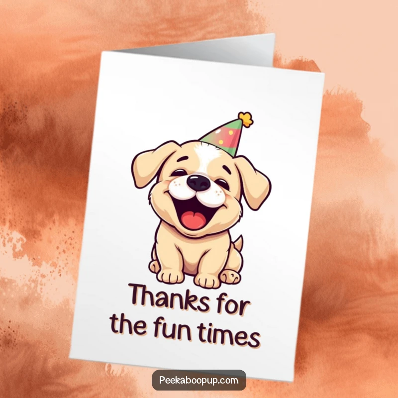 Funny Free Printable Thank You Card: A puppy wearing a party hat barking enthusiastically to say thank you.