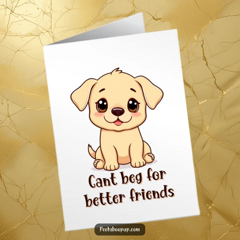 Funny Free Printable thank you card: A small puppy adopting a soulful begging pose, expressing deep gratitude with its innocent eyes.