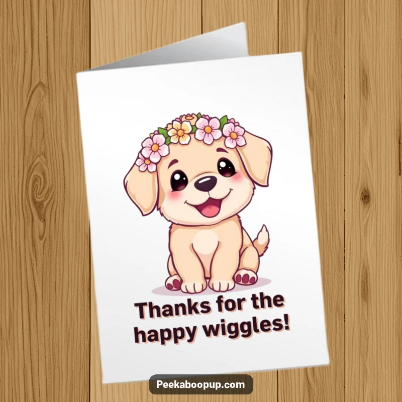 Funny free printable thank you card: adorable puppy with flower crown doing a happy wiggle, conveying heartfelt thanks.