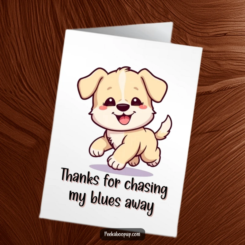 Funny Free Printable Thank You Card: A clumsy puppy joyfully chasing its tail, expressing immense thanks.