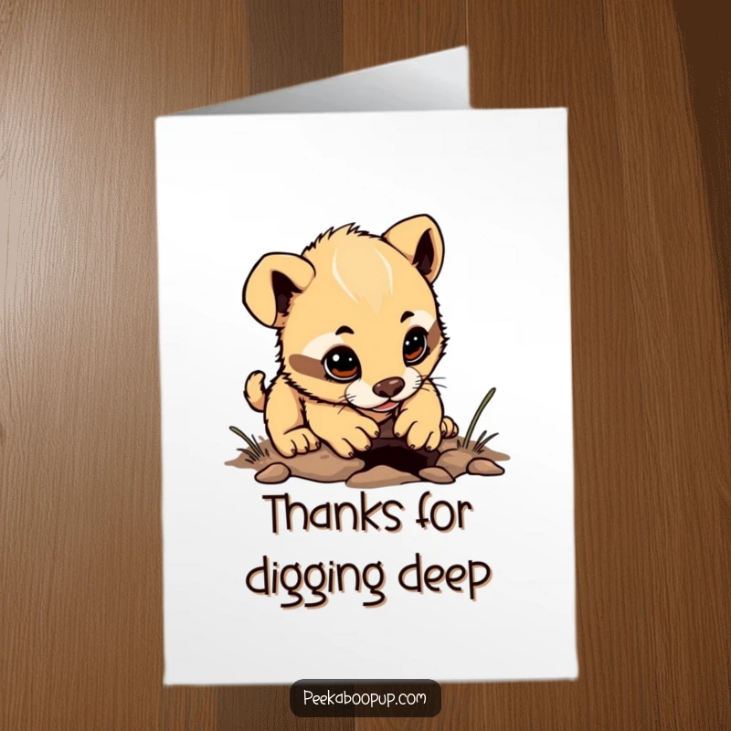 Funny Free Printable Thank You Card: Determined puppy cub digging a small hole, expressing gratitude.