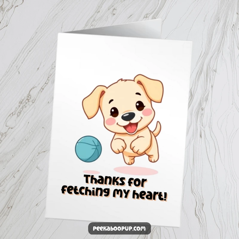 Funny Free Printable Thank You Card: A cute puppy with floppy ears joyfully chasing a red ball. Expressing thanks with playful excitement.
