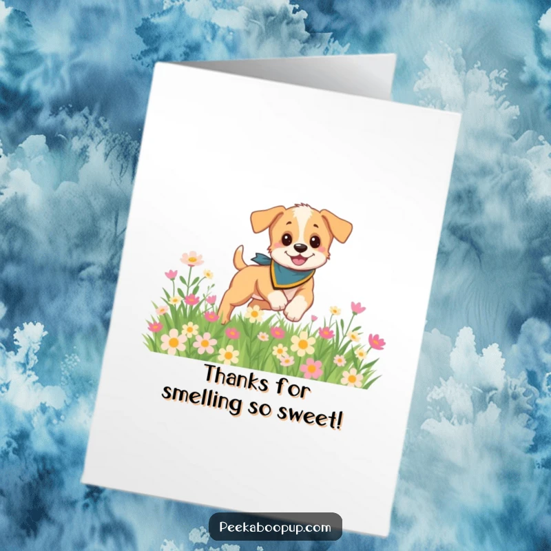 Funny Free Printable Thank You Card: A playful puppy wearing a bandana frolics in a cheerful field of flowers, showing thanks.
