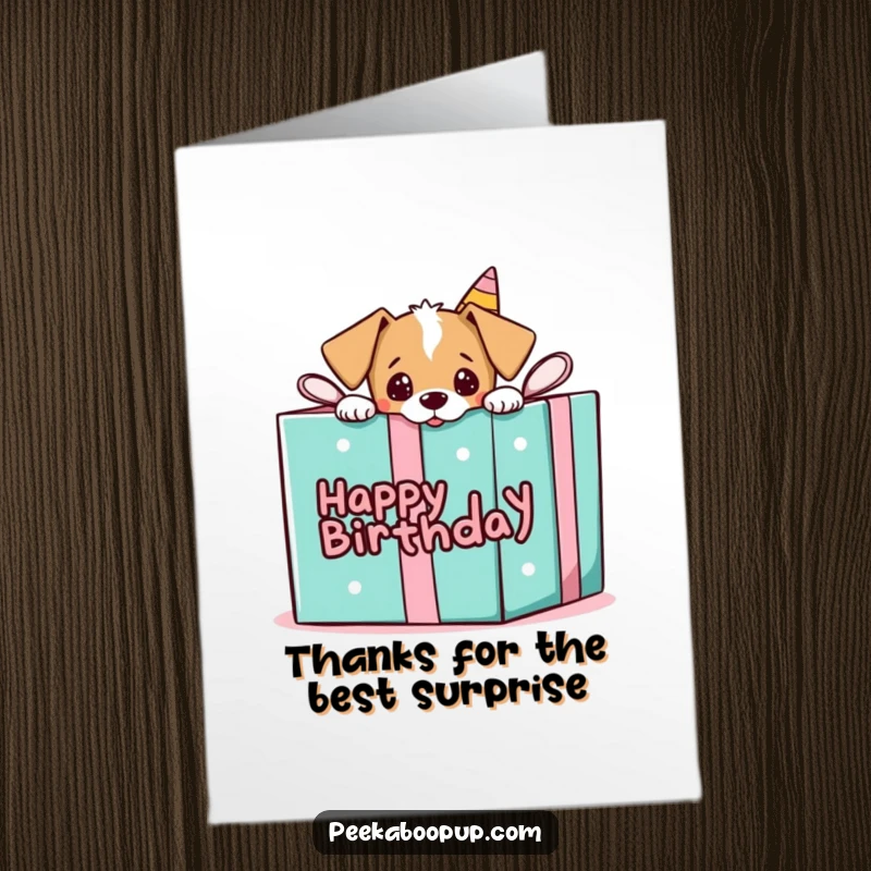 Funny Free Printable Thank You Card: A small puppy peeking out from a large gift box, offering thanks with big puppy eyes.