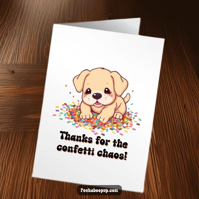 Funny Free Printable Thank You Card: A playful puppy gets lost in a vibrant explosion of confetti, spreading thanks.