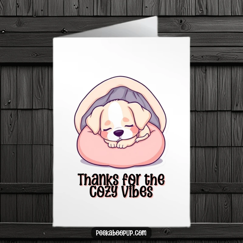 Funny Free Printable Thank You Card: A serene puppy sleeps deeply in a comfortable, soft bed.