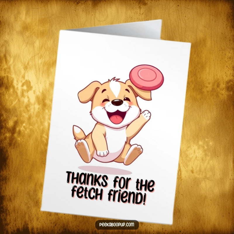 Funny Free Printable Thank You Card: Happy puppy soaring to catch frisbee, expressing thanks, perfect DIY downloadable art.