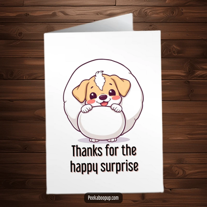 Funny Free Printable Thank You Card: A puppy peeks with delight from behind a giant squeaky toy, saying thank you.