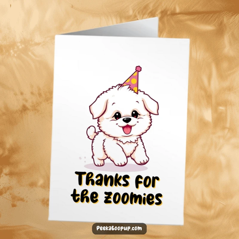 Funny Free Printable Thank You Card: A fluffy puppy wearing a party hat, looking a bit dizzy while expressing thanks adorably.