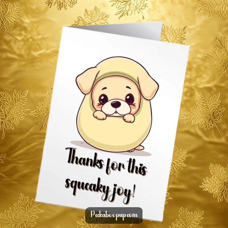 Funny Free Printable Thank You Card featuring an adorable puppy peeking with big eyes from behind a large squeaky toy.