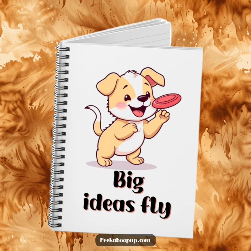 Funny notebook with a happy puppy with a wagging tail jumping to catch a frisbee, ideal for note-taking and active planning.