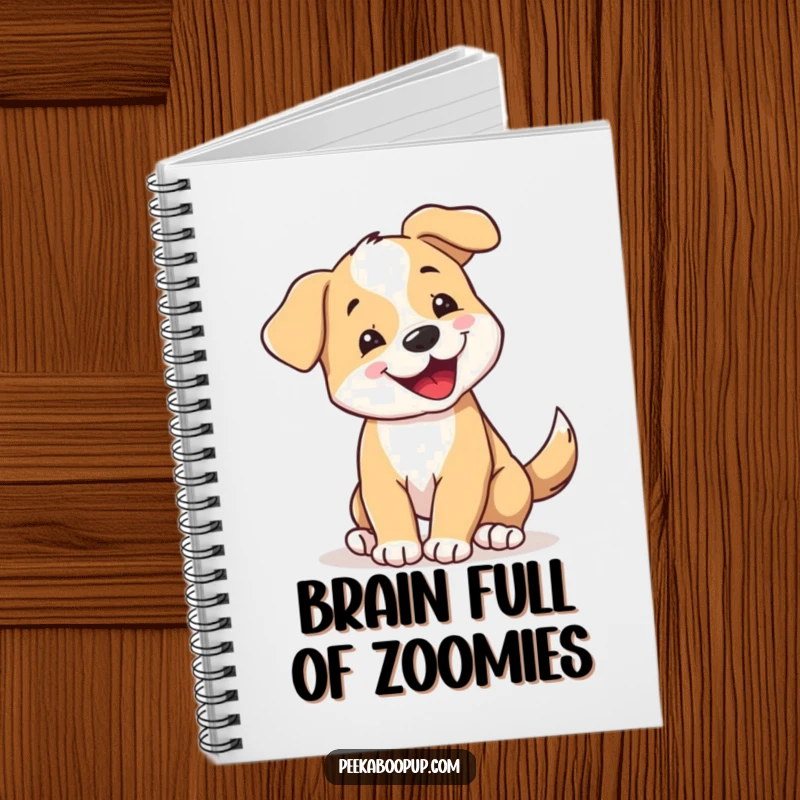 Funny Notebook: A happy puppy is shown spinning with its tail wagging, perfect for jotting down funny thoughts. Encourages creativity.