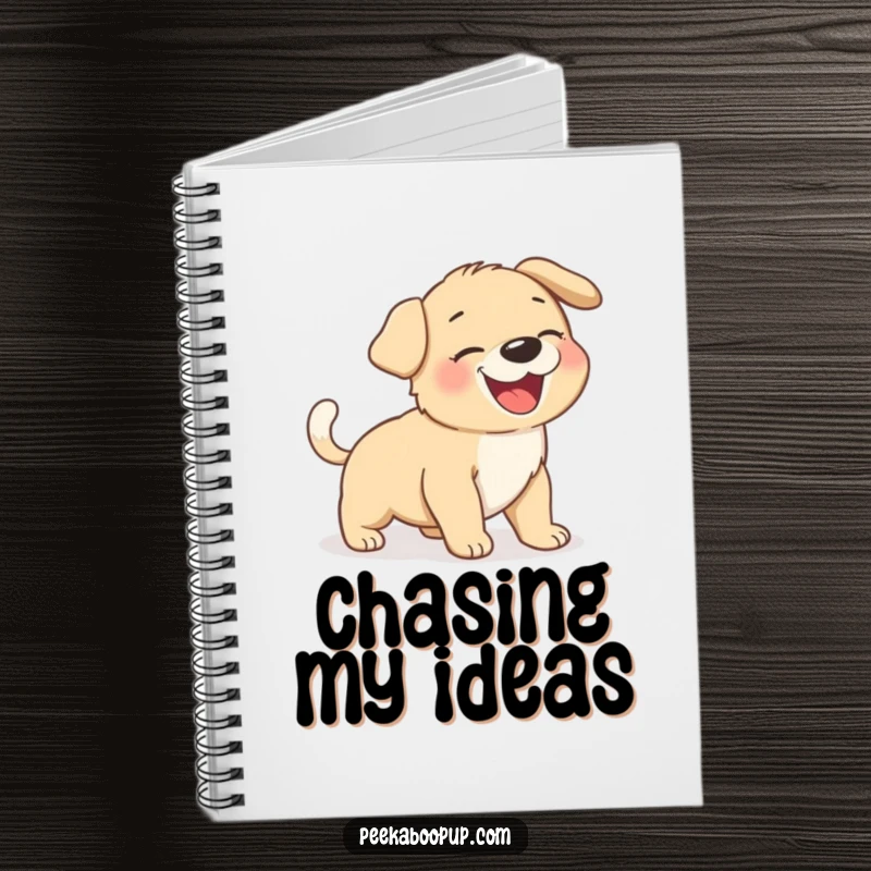 Funny giggling puppy chasing its tail, featured on the cover of a practical notebook.