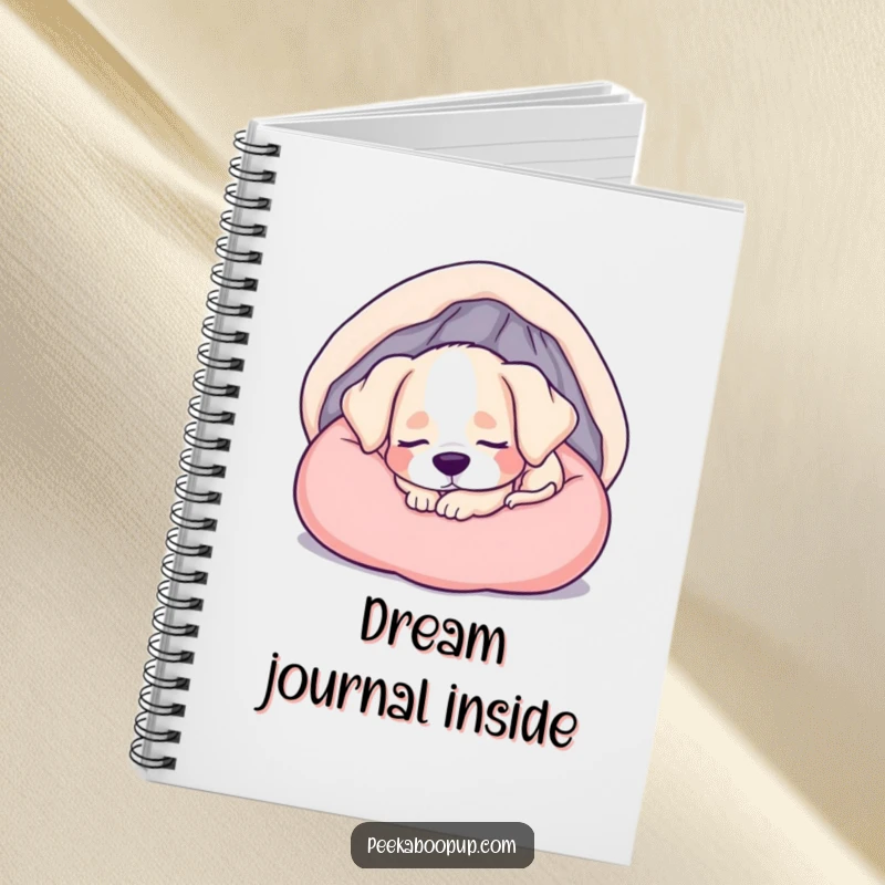 Funny notebook with a sleepy puppy curled up in a soft bed, ideal for writing and dreaming.