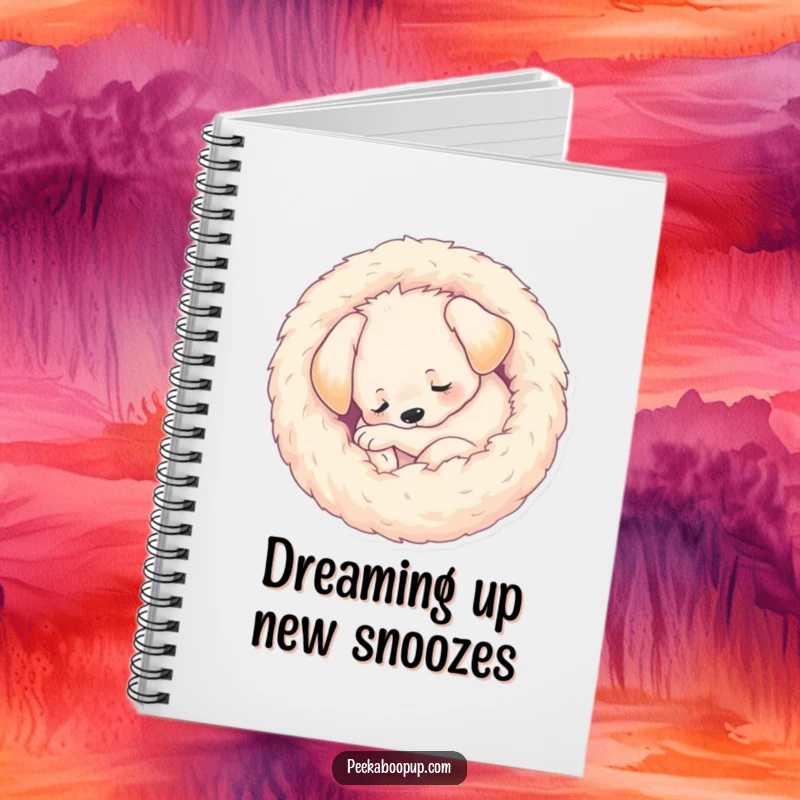 Funny Notebook with a sleeping puppy curled into a fuzzy ball on the cover, offering a humorous and cozy place to write your thoughts.