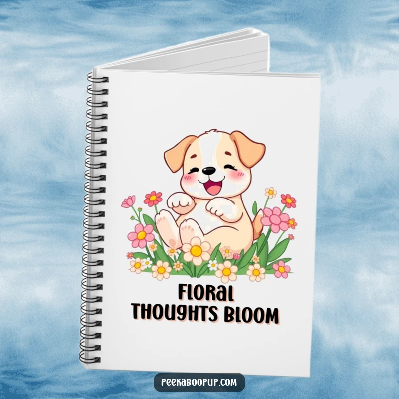 Funny Notebook featuring a joyful puppy rolling in cartoon flowers, perfect for jotting down happy thoughts.