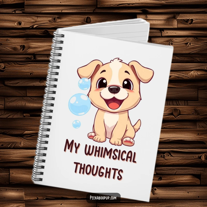 Funny notebook with a cheerful puppy trying to catch bubbles, ideal for jotting down happy thoughts.