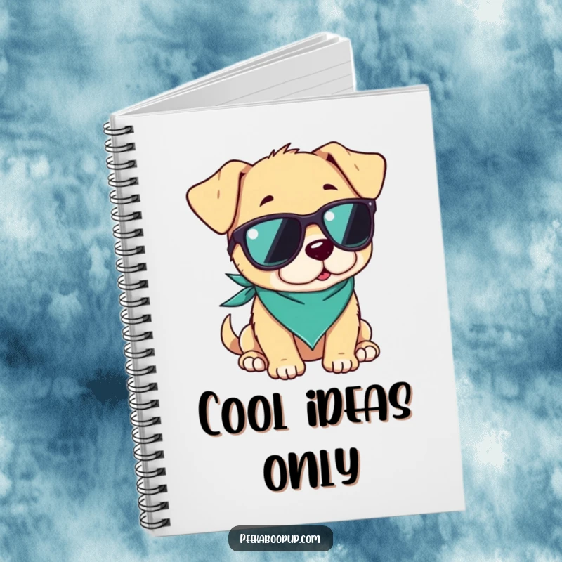 Funny notebook cover featuring a puppy wearing sunglasses and a bandana, looking cool and relaxed, perfect for jotting down ideas.