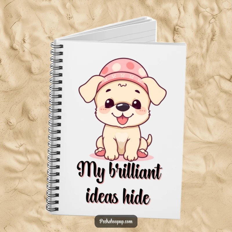 Funny Notebook with a giggling puppy in a hat playing peek-a-boo, great for journaling, note-taking, and spreading canine humor.