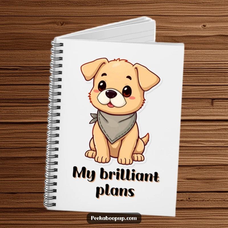 Funny puppy wearing a bandana and posing proudly, featured on the cover of a practical notebook.