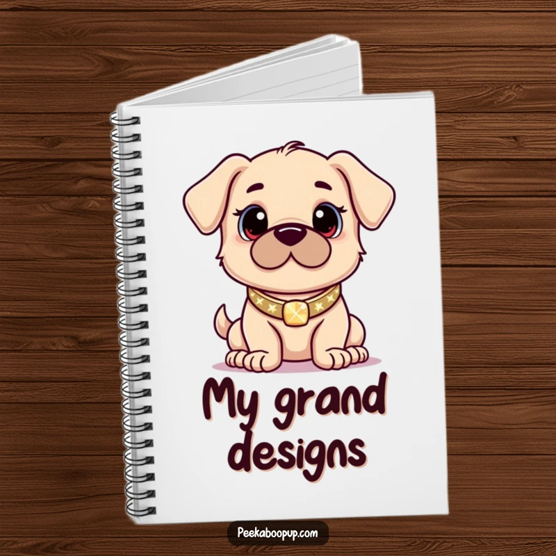 Funny notebook with a proud puppy posing confidently with a sparkling collar, ideal for writing and planning.