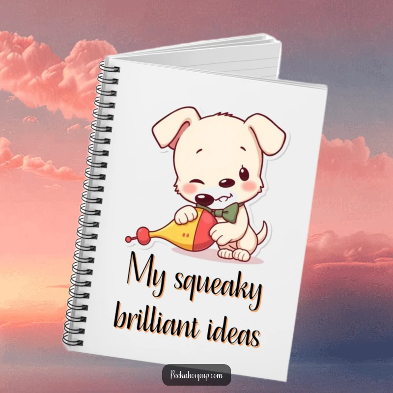 Funny notebook with a mischievous puppy in a bowtie, about to squeak a toy, ideal for jotting down notes with a humorous flair.