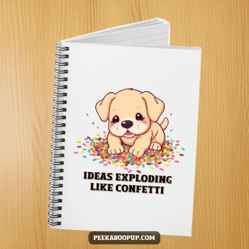 Funny Notebook: A cheerful puppy enthusiastically digging through a vast quantity of colorful confetti, ready to jot down notes.