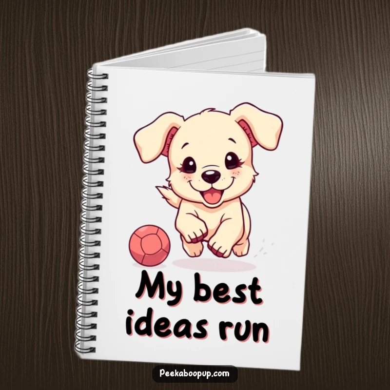 Funny notebook with a cute puppy joyfully chasing a bouncing ball, ideal for note-taking, journaling, and dog-themed creativity.