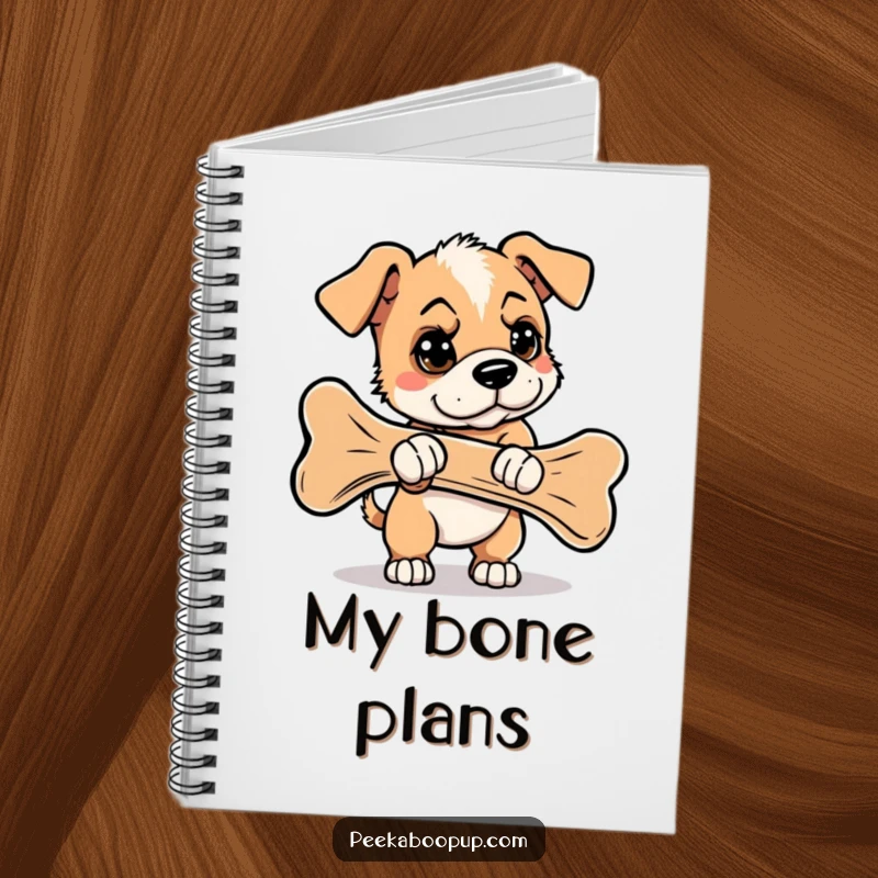 Funny notebook with a determined puppy focused on carrying a giant bone, symbolizing perseverance and big tasks.