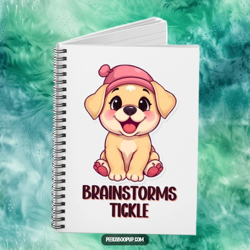 Funny notebook cover featuring a cheerful puppy with a dapper hat askew, caught in a moment of pure giggling bliss.