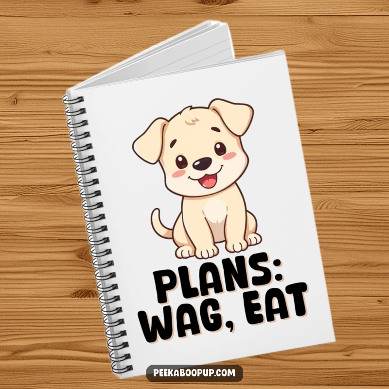 Funny Notebook featuring a happy puppy with a wagging tail, perfect for jotting down welcoming thoughts.