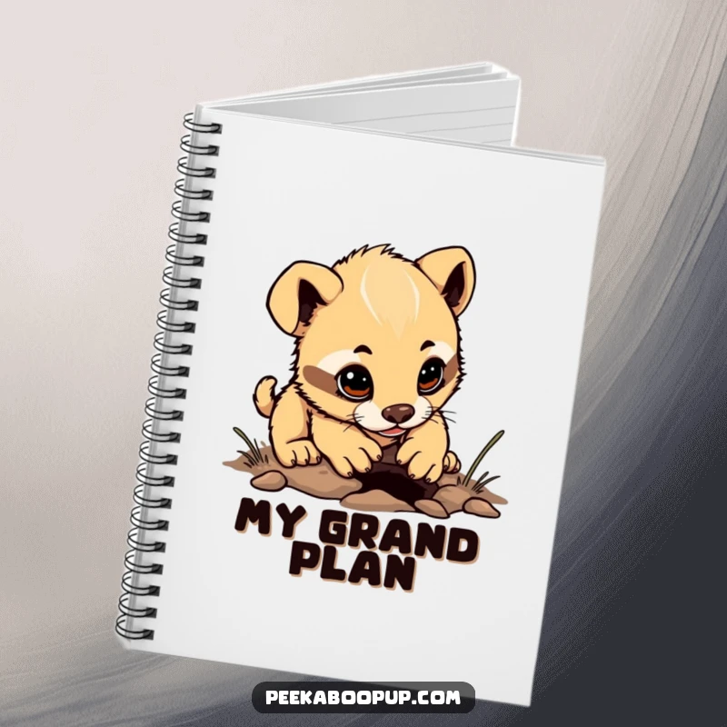 Funny determined puppy character notebook, focused on digging a tiny hole, perfect for jotting down plans.