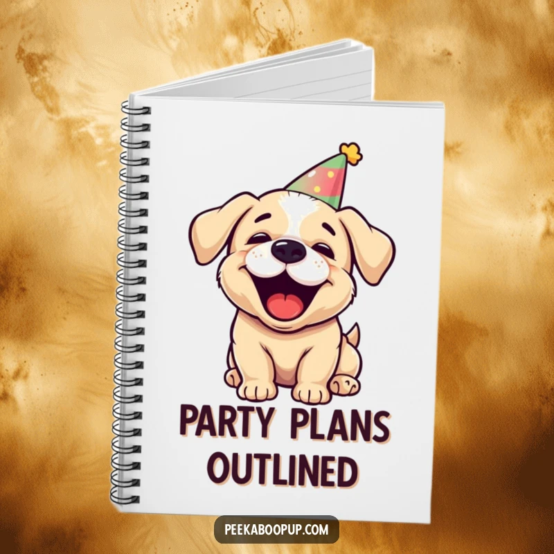 Funny puppy character notebook, wearing a party hat and barking joyfully, perfect for jotting happy notes.