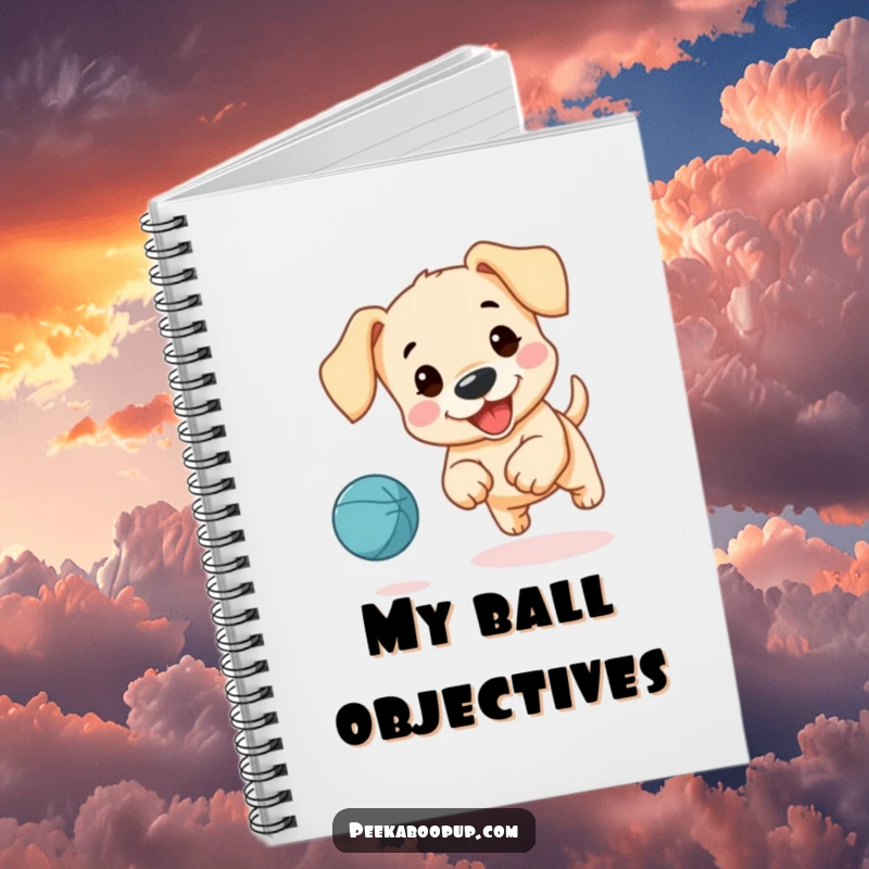 Funny notebook cover with a cute puppy, floppy ears flying, joyfully chasing a bouncing ball.