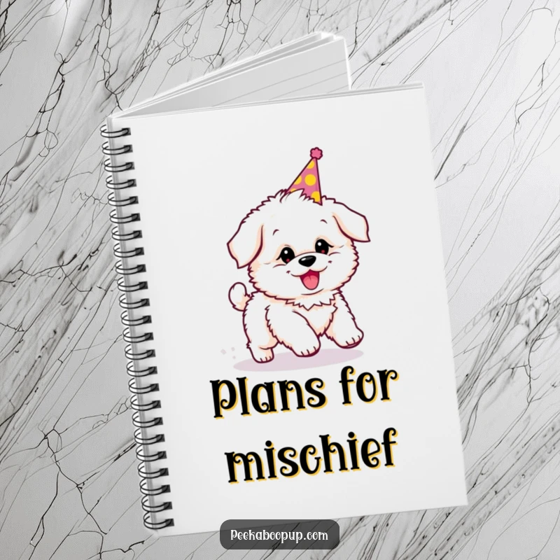 Funny notebook with a fluffy puppy wearing a party hat, chasing its tail, ideal for jotting notes.