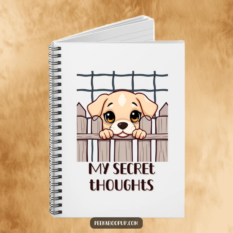 Funny notebook with a curious puppy with big eyes peeking from behind a fence, ideal for journaling and creative note-taking.