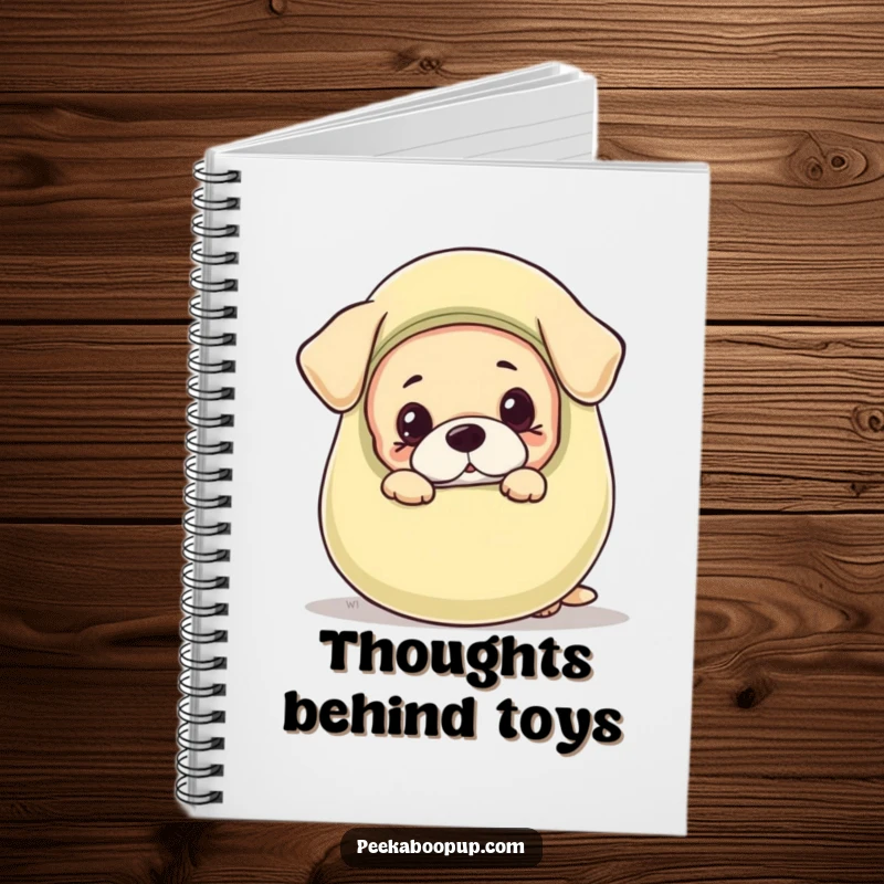 Funny notebook cover featuring a cute puppy peeking with wide eyes from behind a comically large squeaky toy.