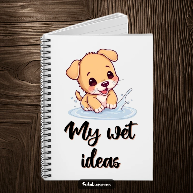 Funny puppy notebook cover featuring a dog splashing in a puddle, perfect for notes and capturing happy ideas.