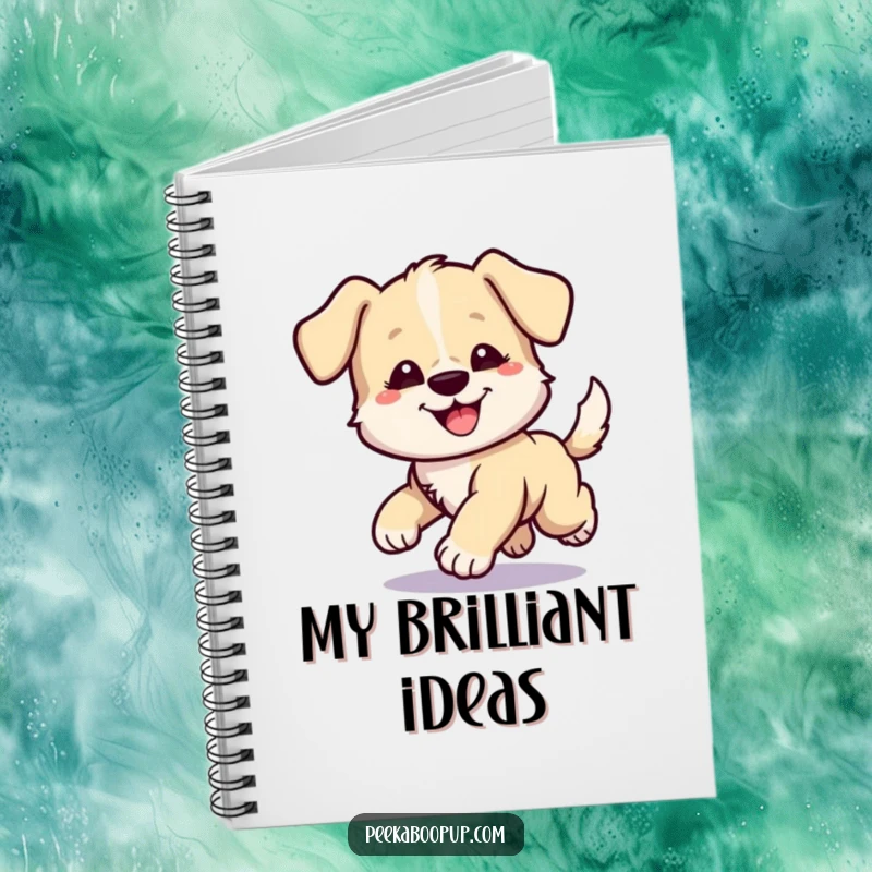 Funny notebook cover showing a puppy with a funny, determined expression, humorously chasing its own tail in a dizzying circle.