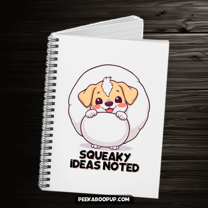 Funny puppy character peeking with delight from behind a giant squeaky toy, designed on a notebook cover for jotting down notes with a smile.