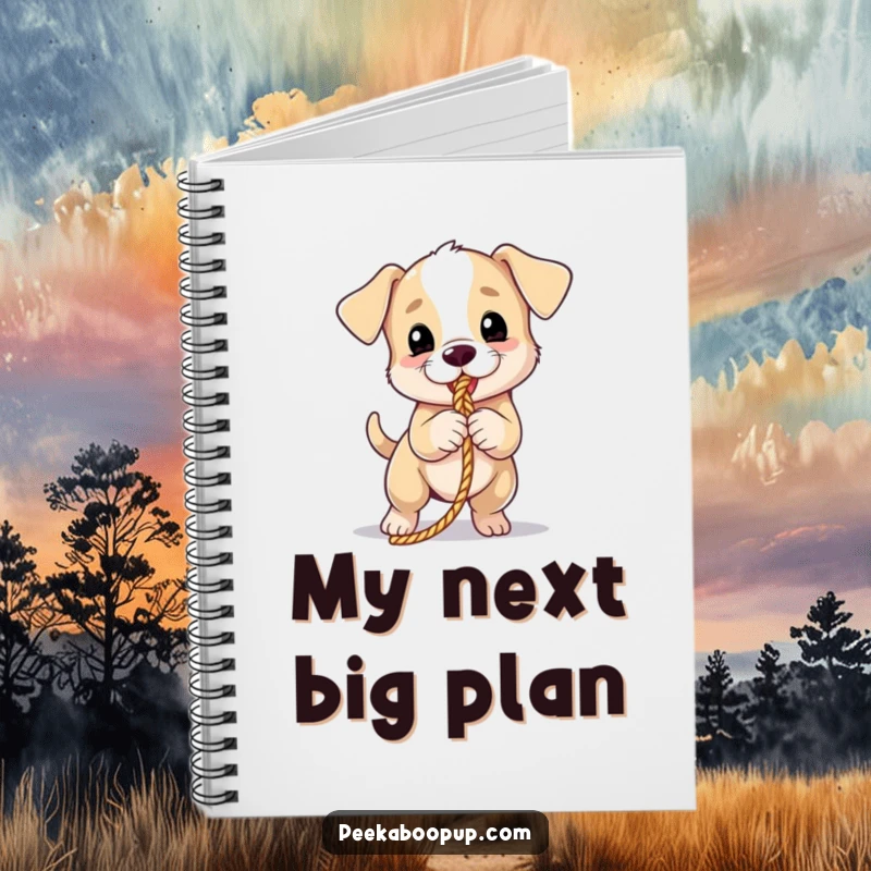Funny puppy notebook cover with a playful puppy tugging a rope, perfect for writing notes and capturing ideas.